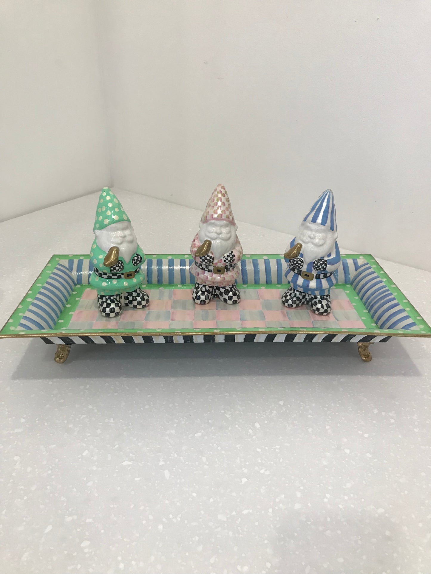 Whimsical little gnomes with decorative tray